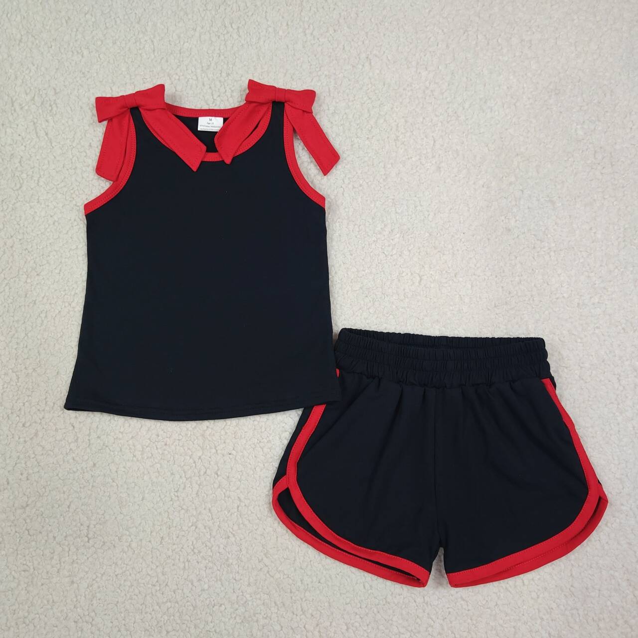 GSSO3827 Teams Red Bow Vest Top Black Pockets Shorts Girls Cotton Summer Clothes Set