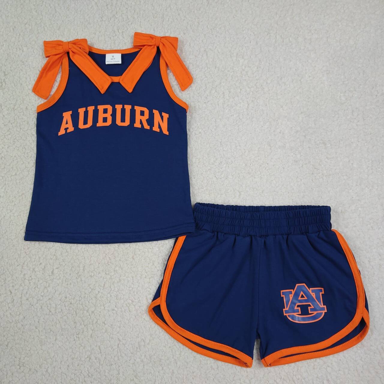 GSSO3828 Teams Auburn Vinyl Bows Navy Vest Top Pockets Shorts Girls Cotton Clothes Set