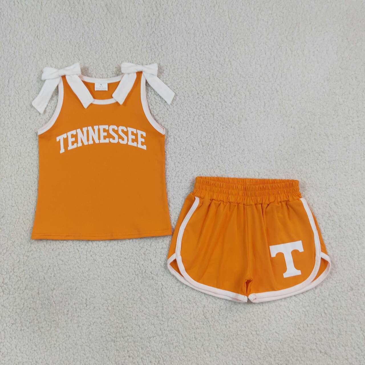 GSSO3829 Teams Tennessee Vinyl Bows Orange Vest Top Pockets Shorts Girls Cotton Clothes Set