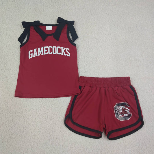 GSSO3835 Teams Gamecocks Vinyl Bows Wine Vest Top Pockets Shorts Girls Cotton Clothes Set