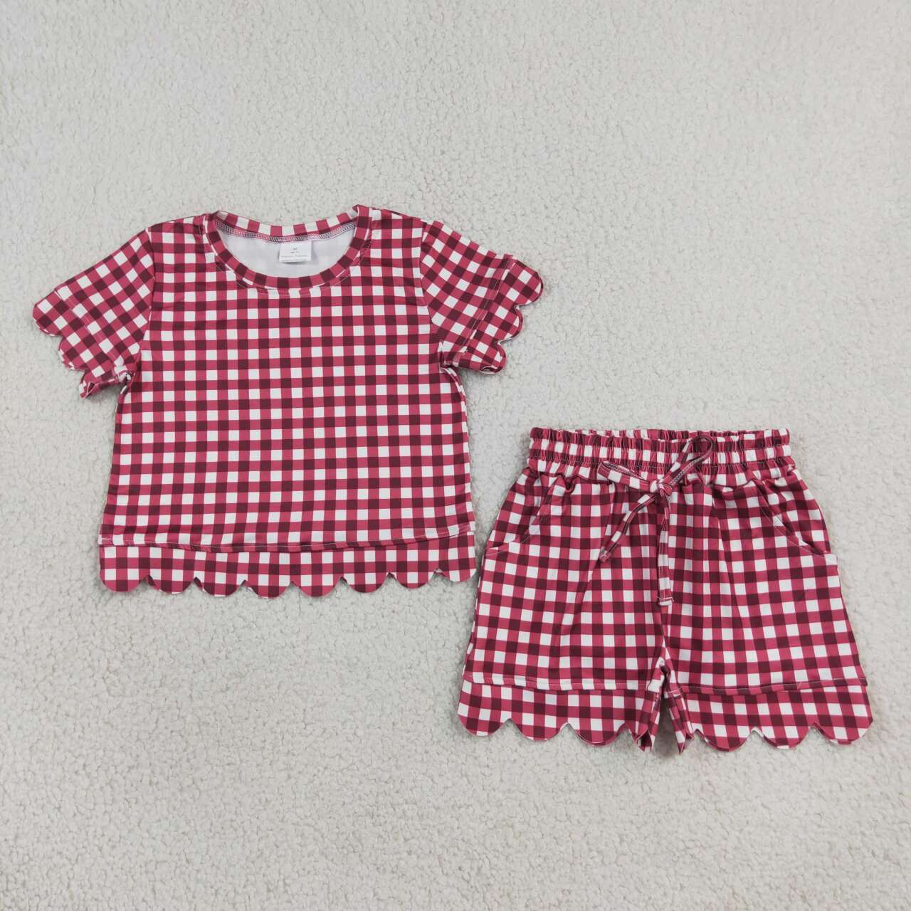 GSSO3836 Wine Checkered Print Pockets Shorts Girls Summer Scallop Clothes Set