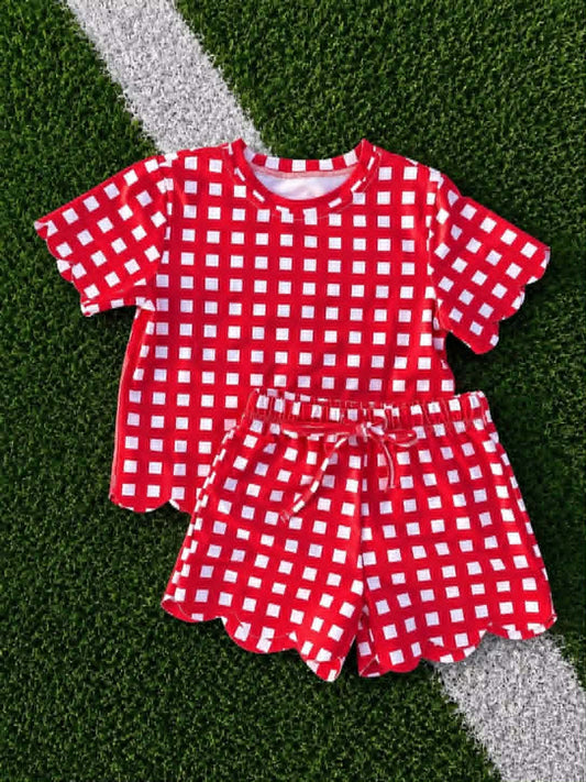 GSSO3838 Preorder Kids Girls Red Gingham Scalloped Se