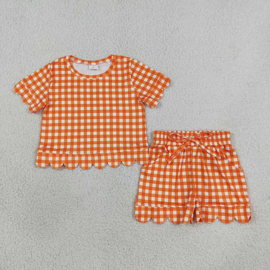 GSSO3839 Orange Checkered Print Pockets Shorts Girls Summer Scallop Clothes Set