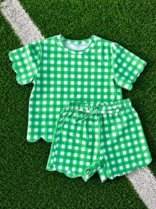 GSSO3840 Preorder Kids Girls Green Gingham Scalloped Set