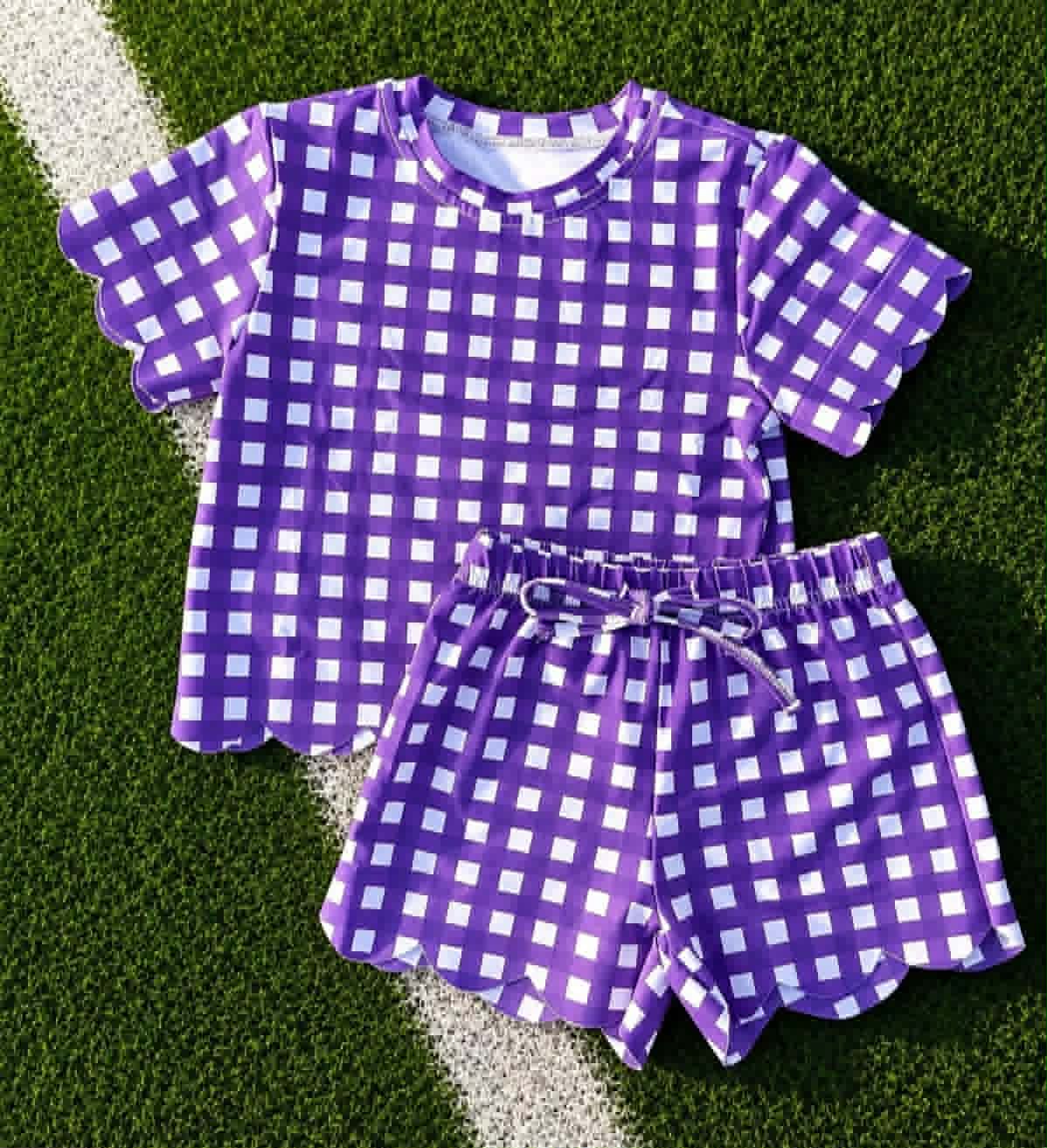 7.6 Preorder Kids Girls Purple Gingham Scalloped Set