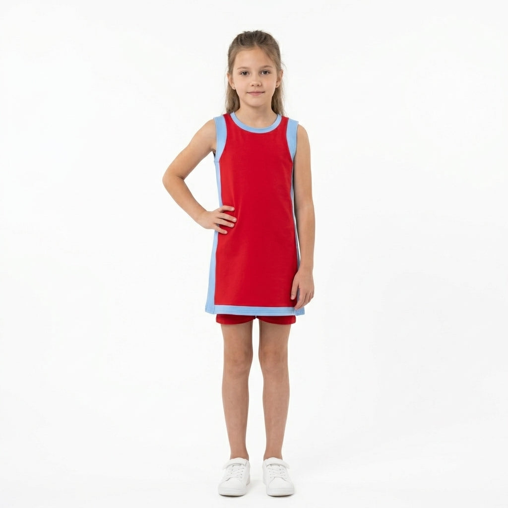 GSSO3846 Red With Blue Active Sleeveless Top Pockets Shorts Girls Yoga Clothes Set