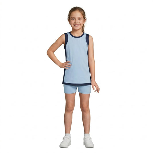 GSSO3847 Blue With Navy Active Sleeveless Top Pockets Shorts Girls Yoga Clothes Set
