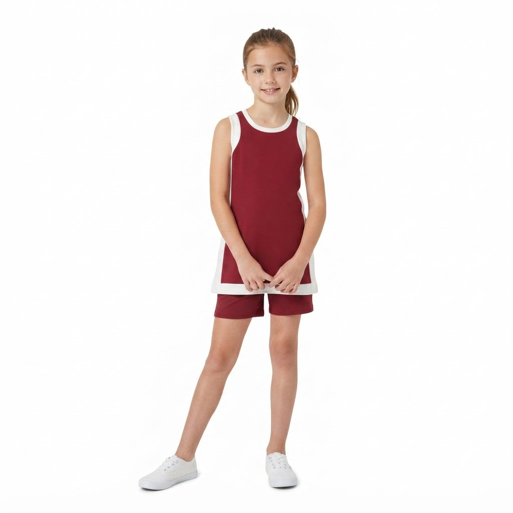GSSO3848 Maroon With White Active Sleeveless Top Pockets Shorts Girls Yoga Clothes Set