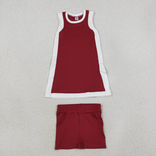 GSSO3848 Maroon With White Active Sleeveless Top Pockets Shorts Girls Yoga Clothes Set