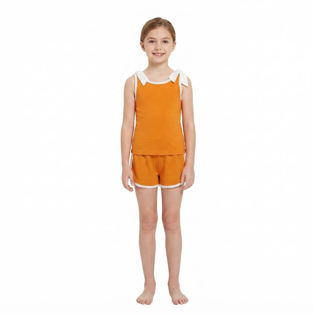 GSSO3851 Teams White Bows Vest Top Orange Pockets Shorts Girls Cotton Summer Clothes Set