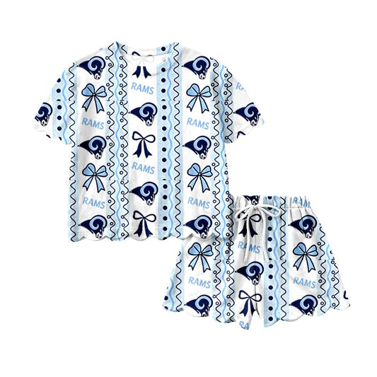 7.27 GSSO3853 Preorder Teams RAMS Bows Print Girls Summer Scallop Clothes Set