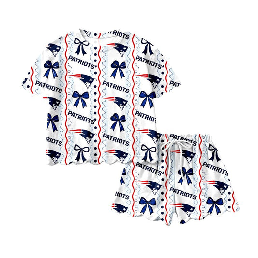 7.27 GSSO3854 Preorder Teams PATRIOTS Bows Print Girls Summer Scallop Clothes Set