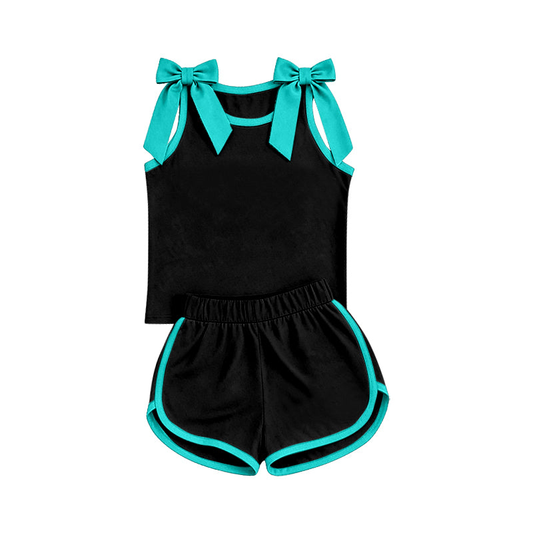 7.29 GSSO3856 Preorder Blue Bows Black Cotton Tank Top Shorts Girls Summer Teams Clothes Set