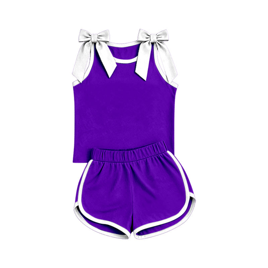 7.29 GSSO3858 Preorder White Bows Purple Cotton Tank Top Shorts Girls Summer Teams Clothes Set