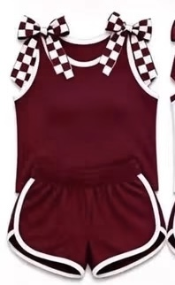 7.29 GSSO3859 Preorder Checkered Bows Wine Cotton Tank Top Shorts Girls Summer Teams Clothes Set