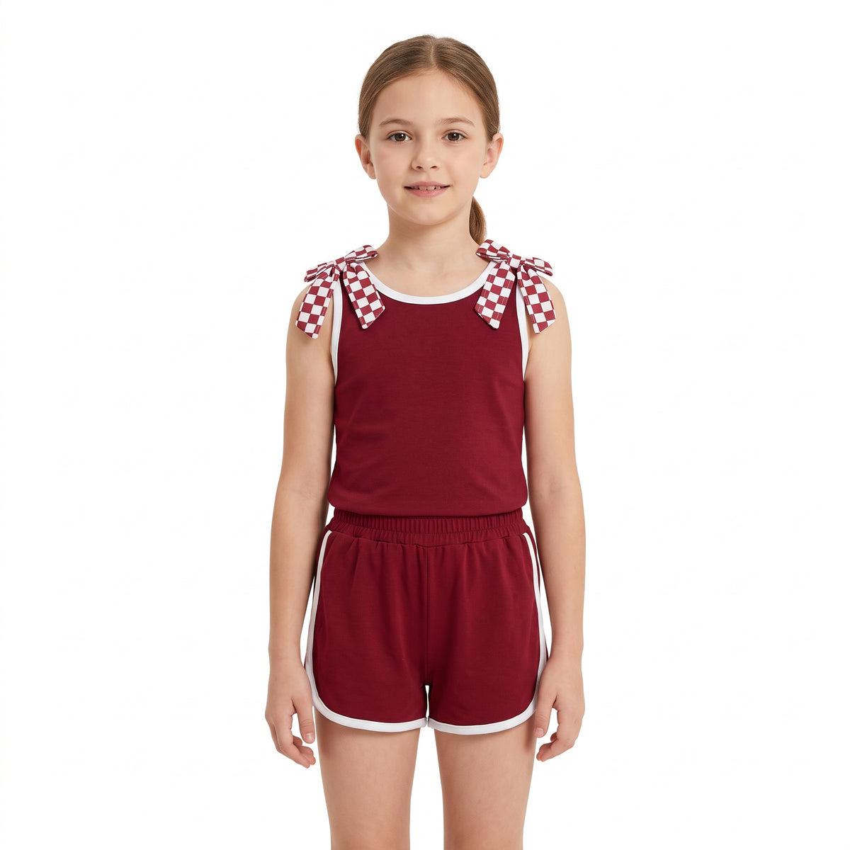 GSSO3859 Teams Checkered Bows Vest Top Wine Pockets Shorts Girls Cotton Summer Clothes Set