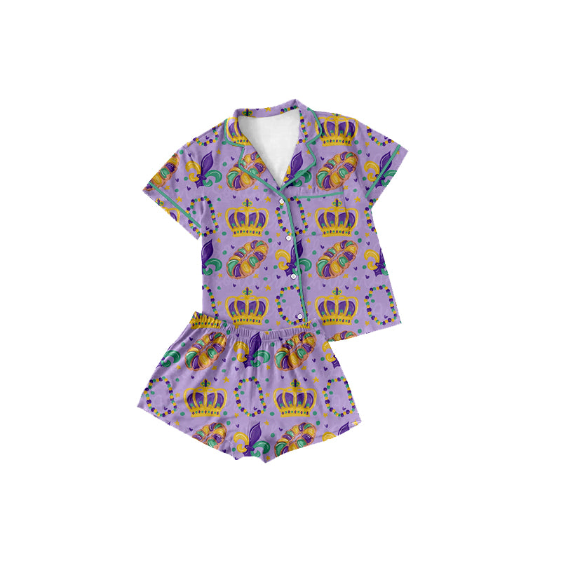 9.18 GSSO3862 Preorder Baby Girls Mardi Gras Crown King Cake Pajama Set