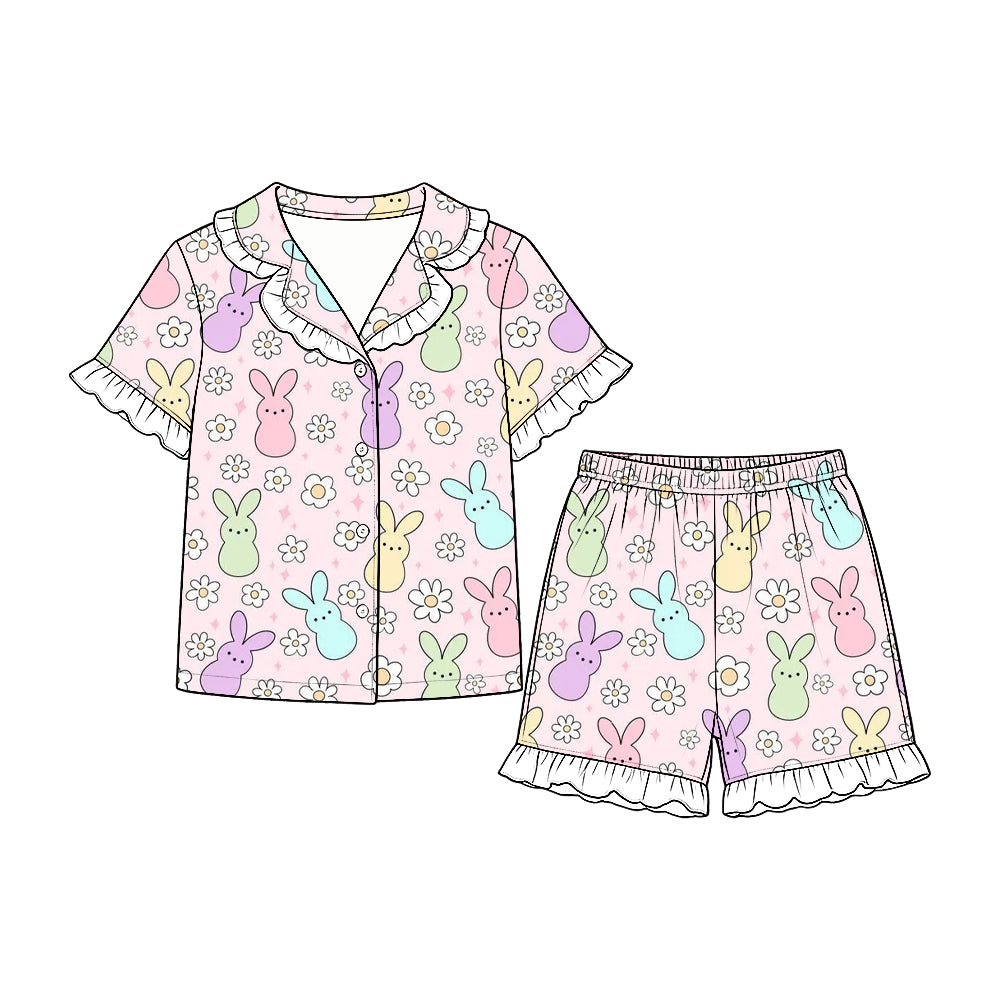 9.22 GSSO3866 Preorder Baby Girls Easter Coloful Bunny Button Short Sleeve Pajama Set