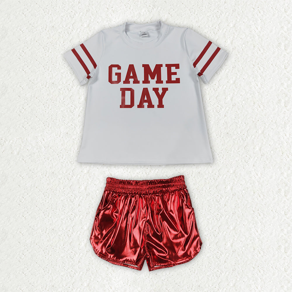 GSSO3870 Teams Game Day Vinyl Yoga Top Red Pocket Leather Elastic Shorts Girls Outfits