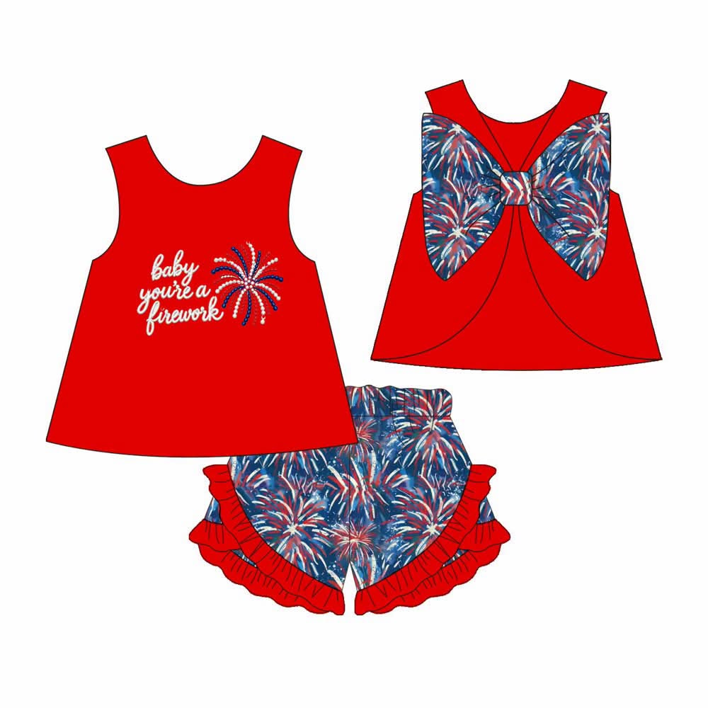 10.17 GSSO3873 Preorder Kids Girls July 4th Red Top with Ruffle Shorts Outfit