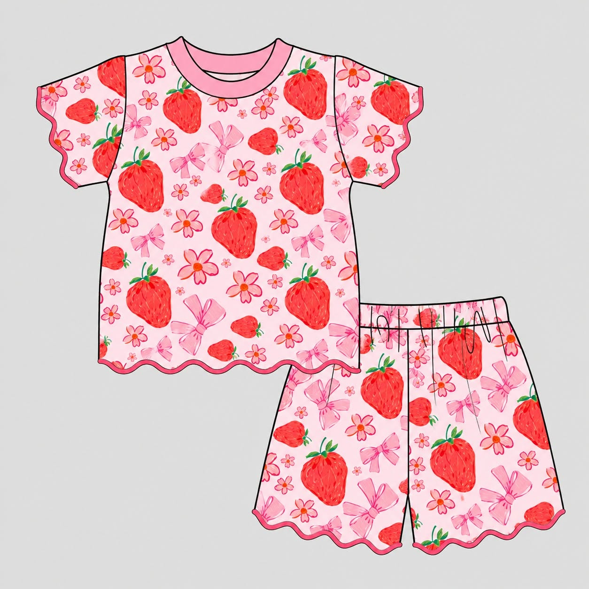 10.28 GSSO3874 Preorder Kids Girls strawberry Bow Print Scalloped Shorts Outfit