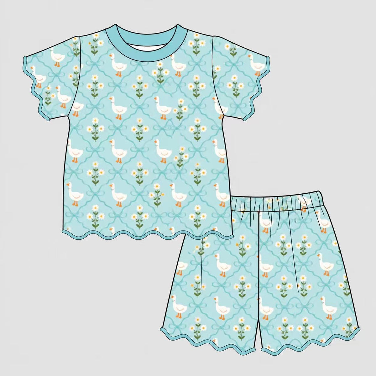10.28GSSO3878 Preorder Kids Girls Goose Bow Scalloped Shorts Outfit