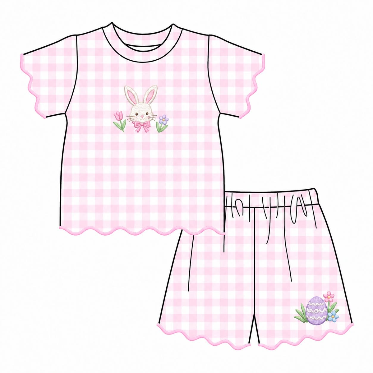 10.28 GSSO3880 Preorder Kids Girls Easter Pink Gingham Rabbit Scalloped Shorts Outfit