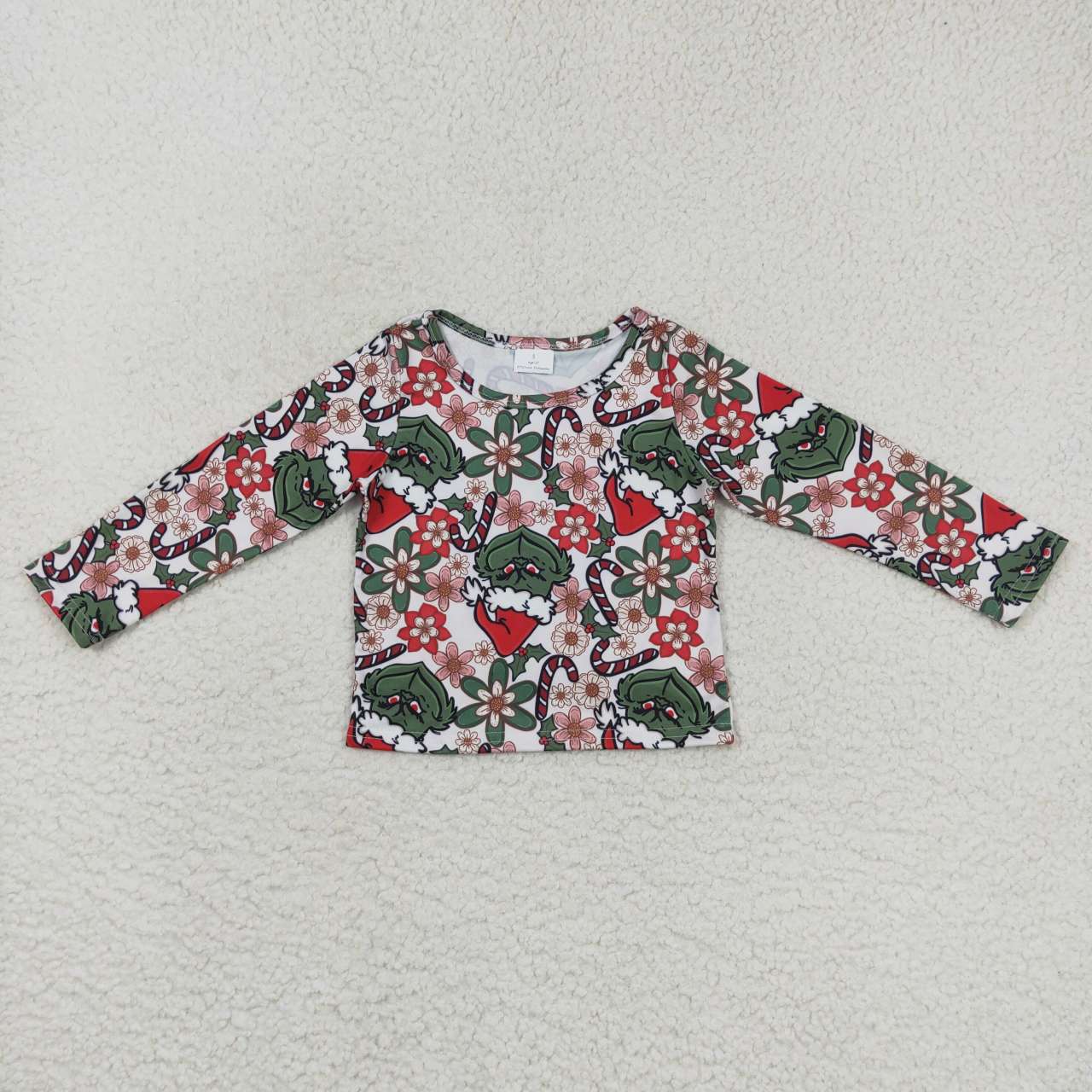 GT0326 Green Frog Flowers Candy Cane Holly Print Girls Christmas Tee Shirts Top