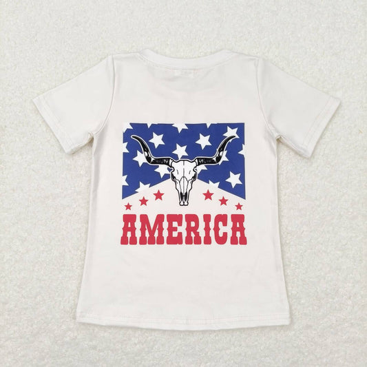 GT0465 Cow Skull Stars American Baby 4th of July Tee Shirts Top