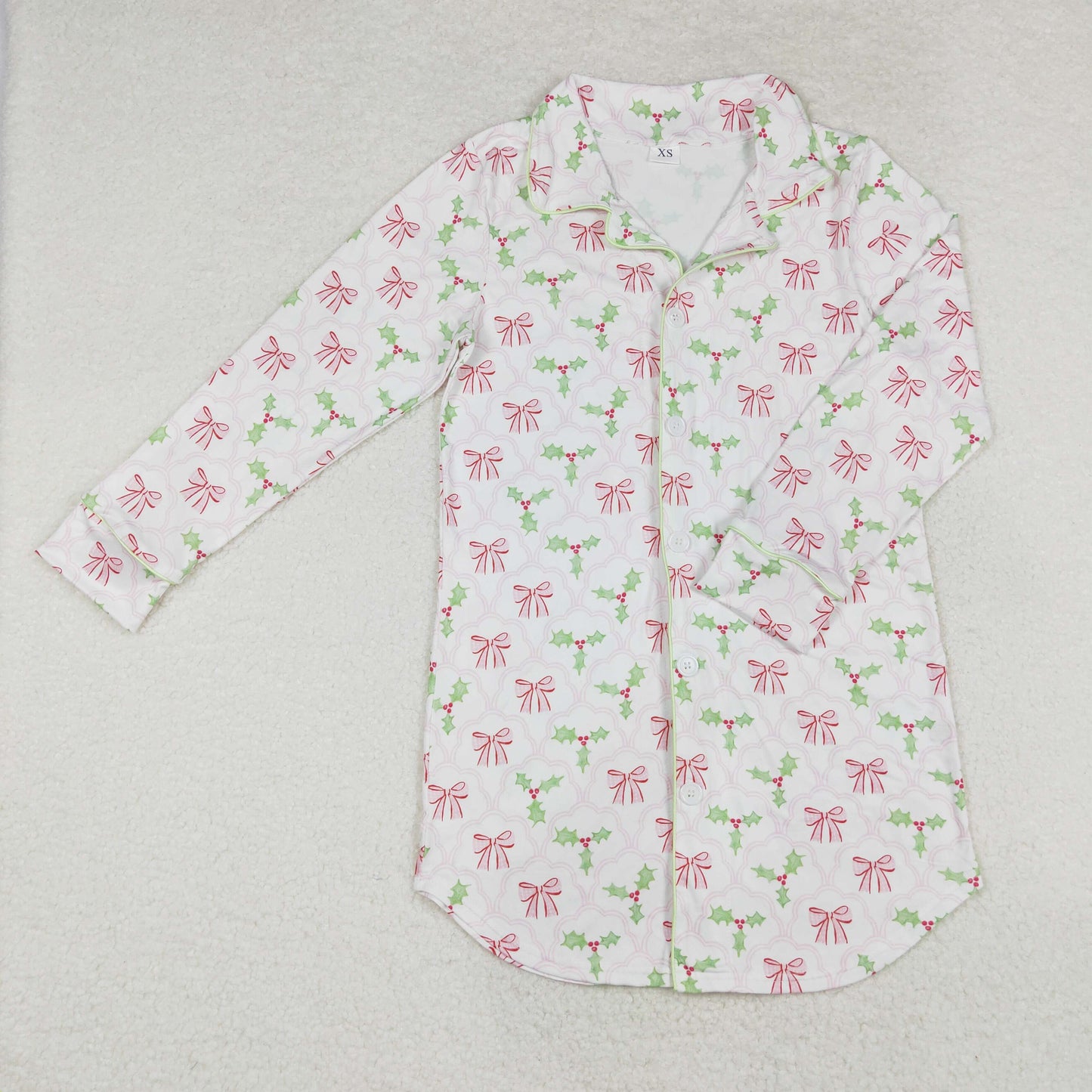 GT0661 Adult Holly Bows Print Woman Christmas Pajamas Top Buttons Nightshirt