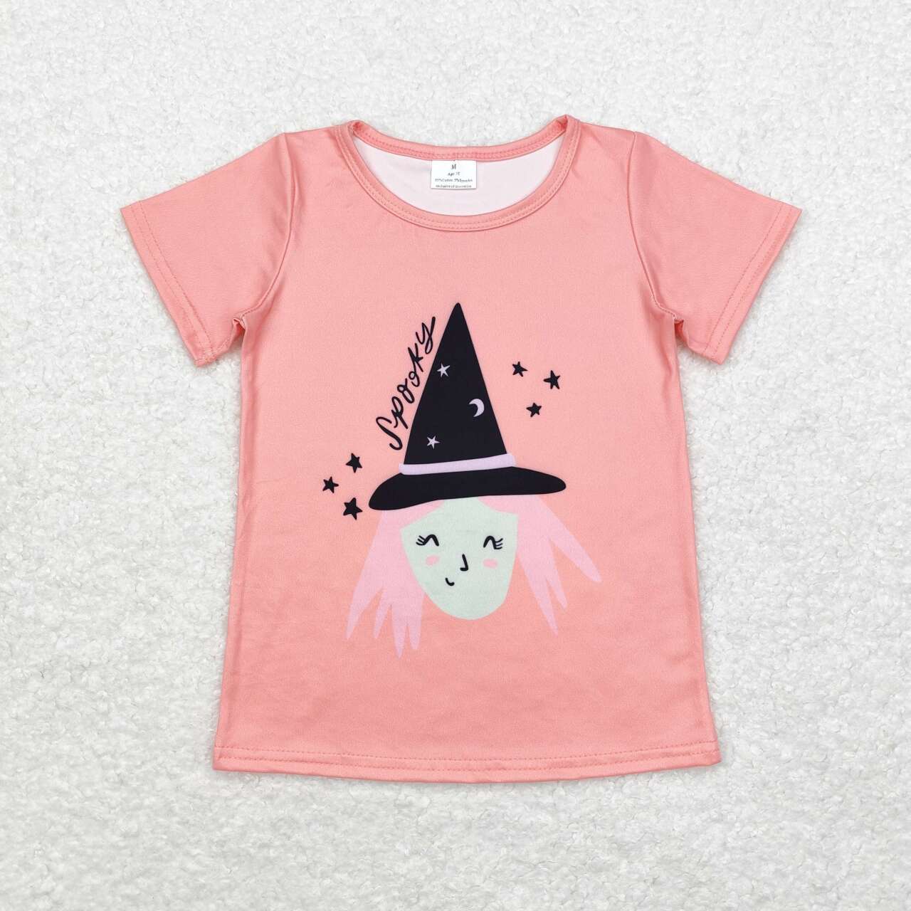 GT0697 Spooky Witch Pink Print Girls Halloween Short Sleeve Tee Shirts Top
