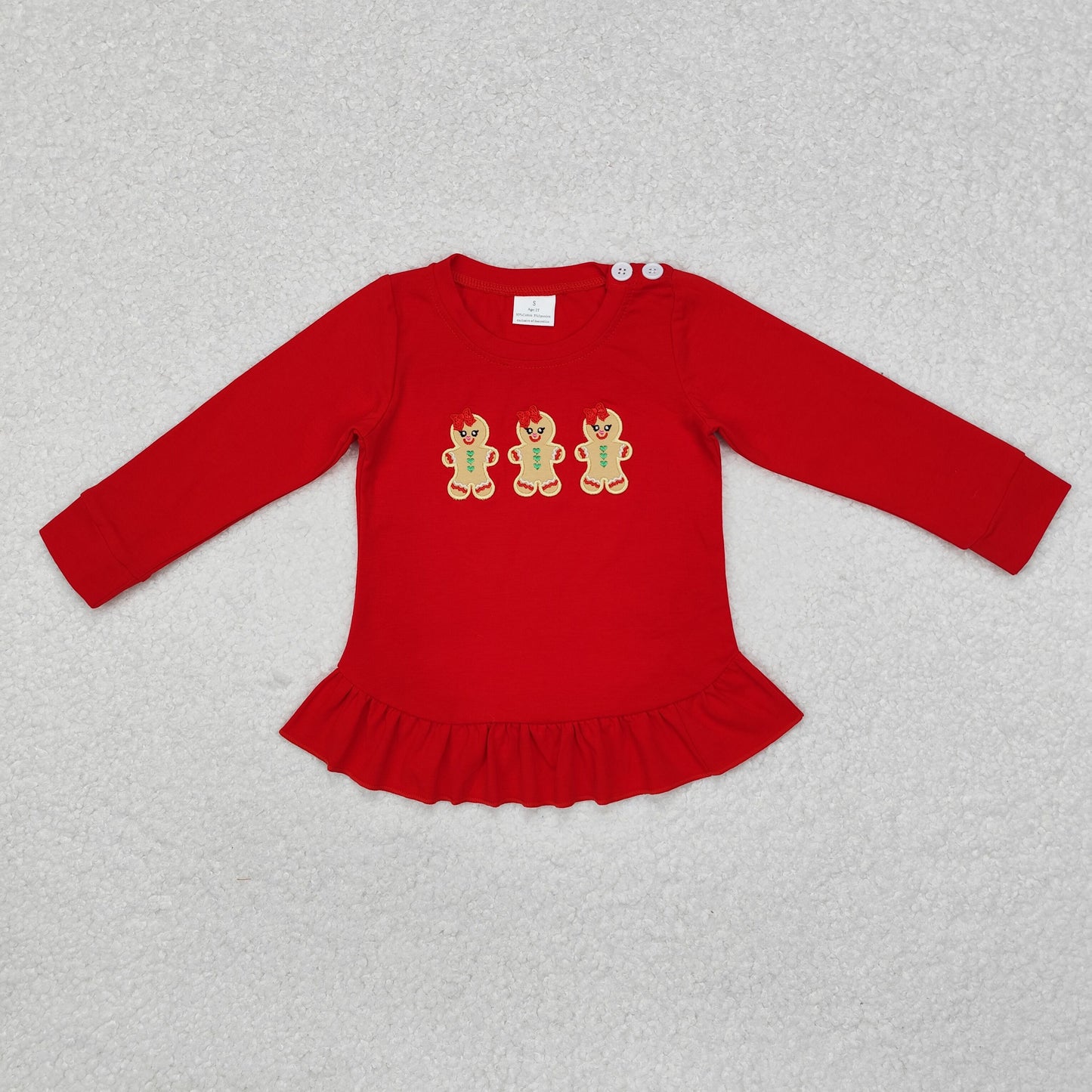 GT0702 Gingerbread Embroidery Red Cotton Girls Christmas Tee Shirts Top