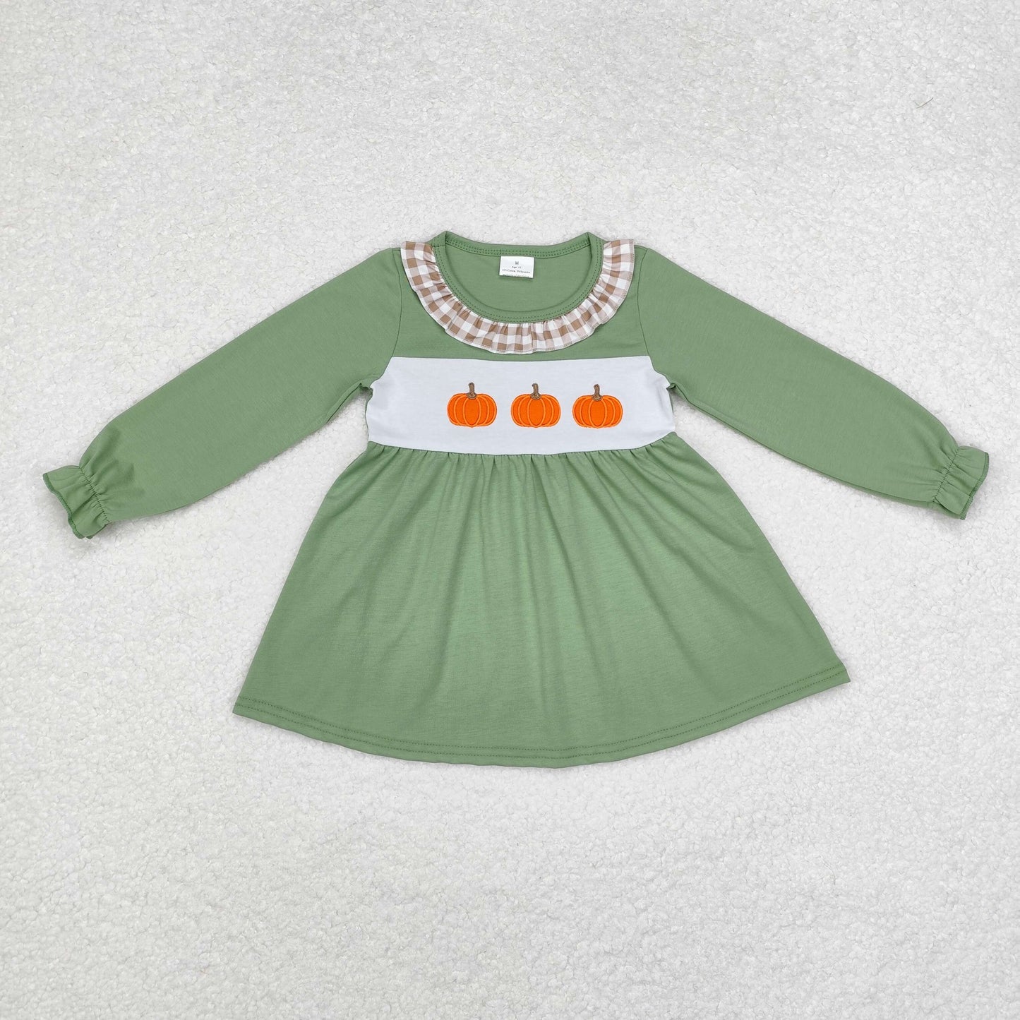 GT0711 Pumpkin Embroidery Green Girls Fall Tee Shirts Top