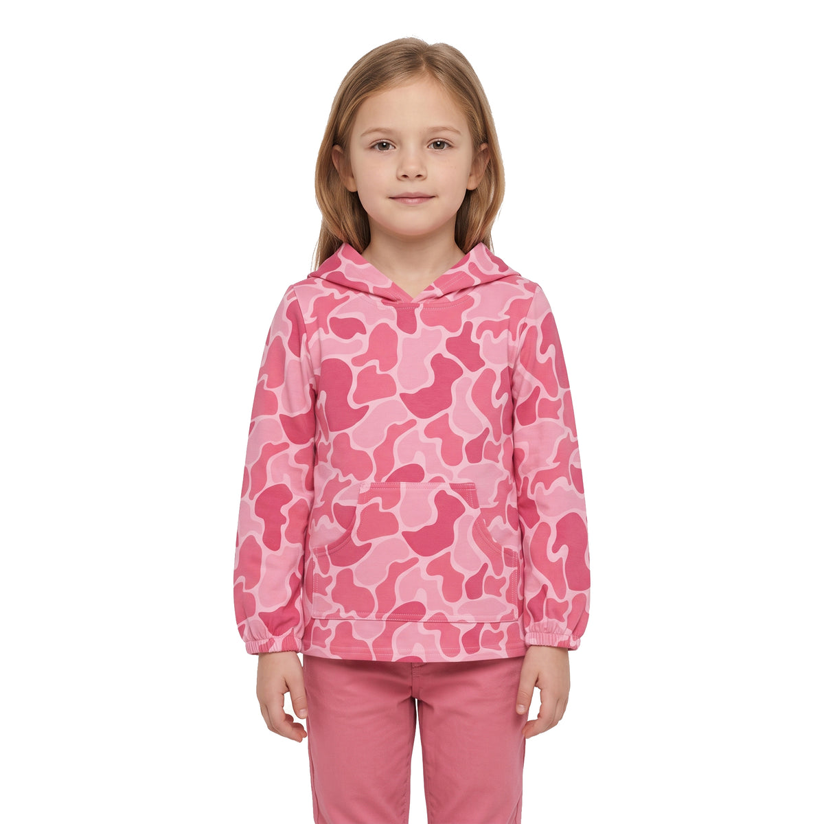GT0866 Pink Camo Print Girls Pocket Hoodie Top