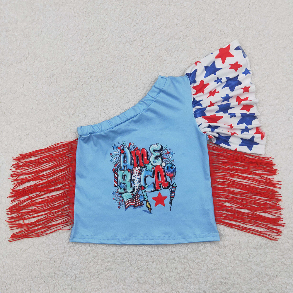 GT0942 AMERICA Stars Baby Girls 4th of July Tassel One-Shoulder Sleeve Top