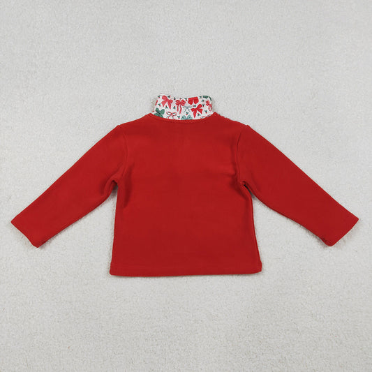 GT1150 Green Red Bows Holly Girls Christmas Thick Sherpa Zipper Pullover Top