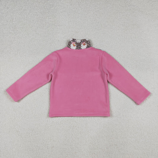 GT1151 Santa Leopard Pink Girls Christmas Thick Sherpa Zipper Pullover Top