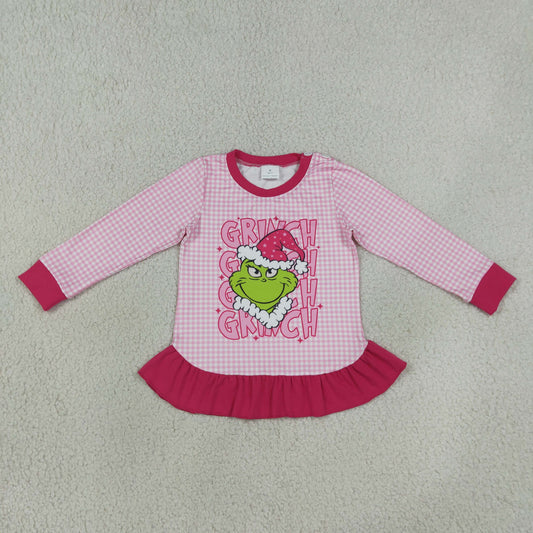 GT1154 Green Frog Pink Checkered Print Baby Girls Christmas Long Sleeve Tee Shirts Top