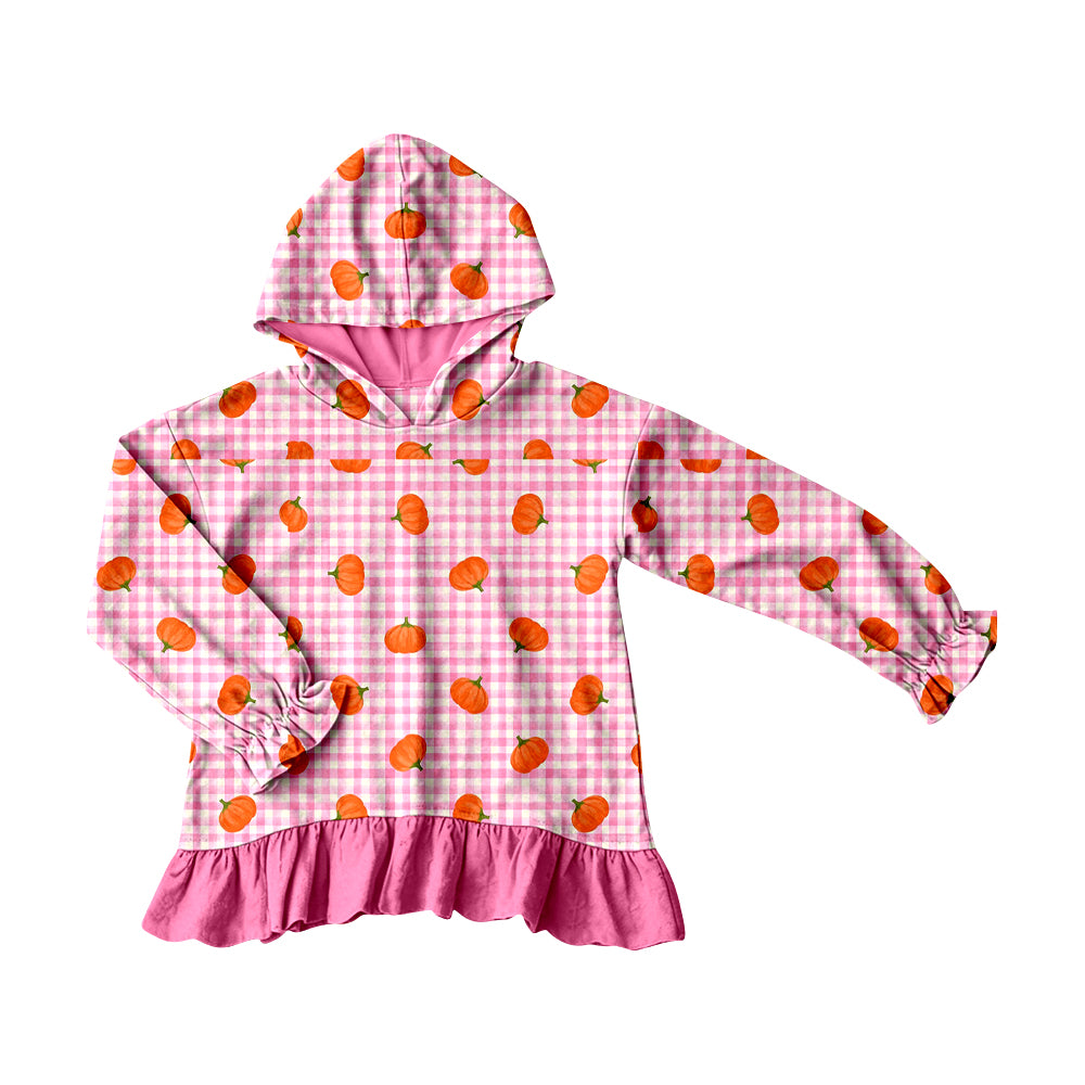 4.20 Girls Pink Gingham Pumpkin Hoodie - Toddler Ruffle Hem Hooded Top Preorder