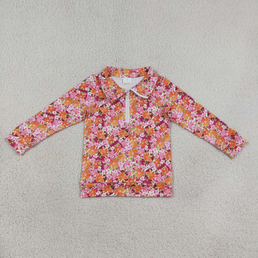 GT1652 Orange Pink Flowers Zipper Girls Long Sleeve Pullover Top