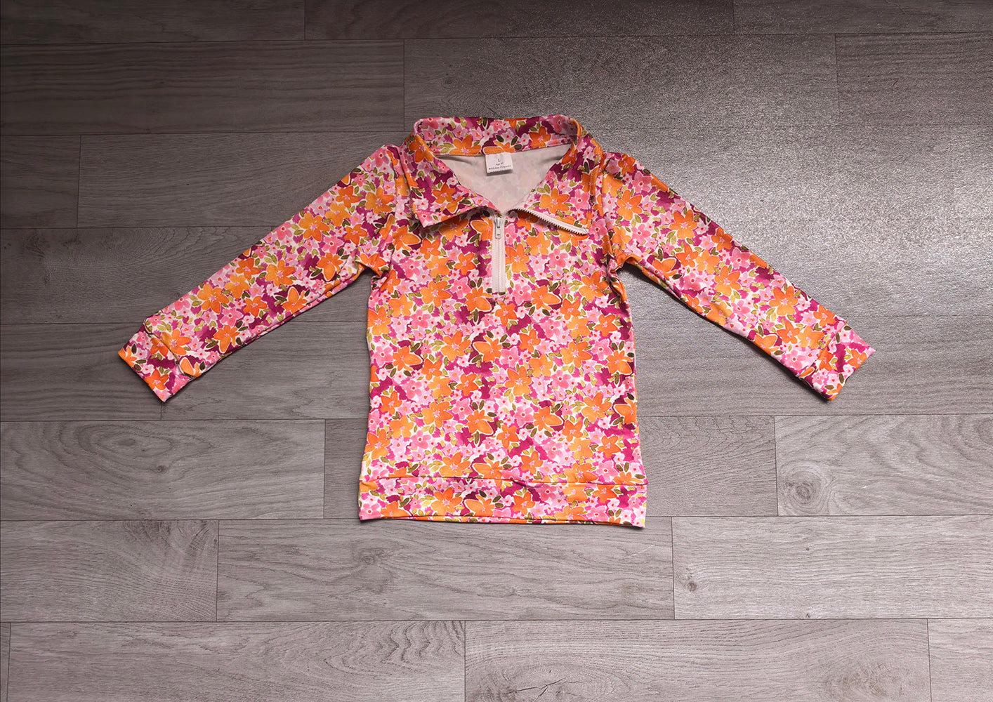 4.21 GT1652 Toddler Orange Pink Flowers Zipper Girls Long Sleeve Pullover Top Preorder