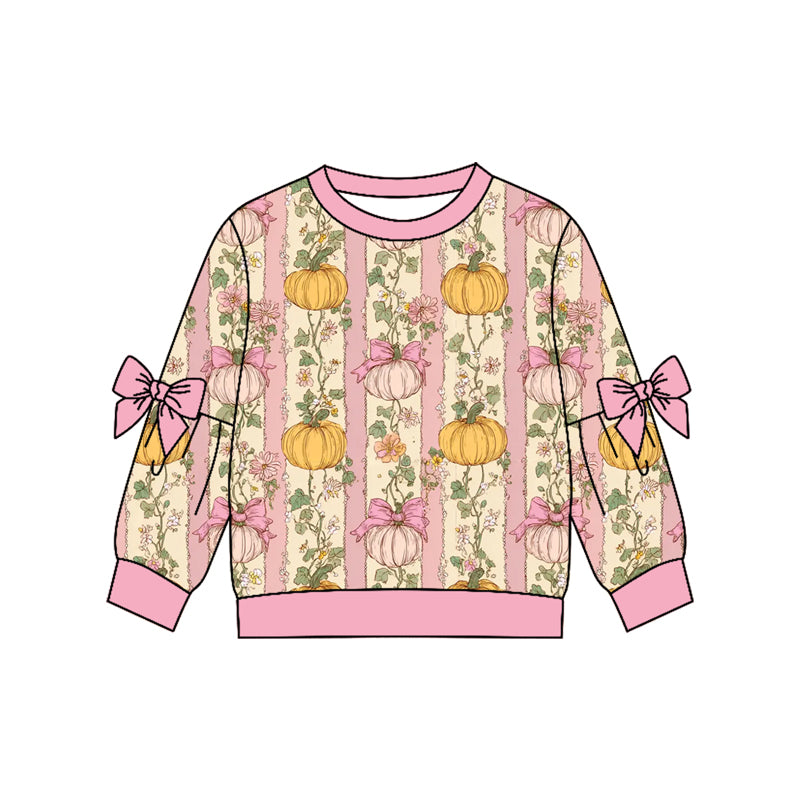 GT1659 Pumpkin Flowers Stripes Girls Fall Bows Tee Shirts Top