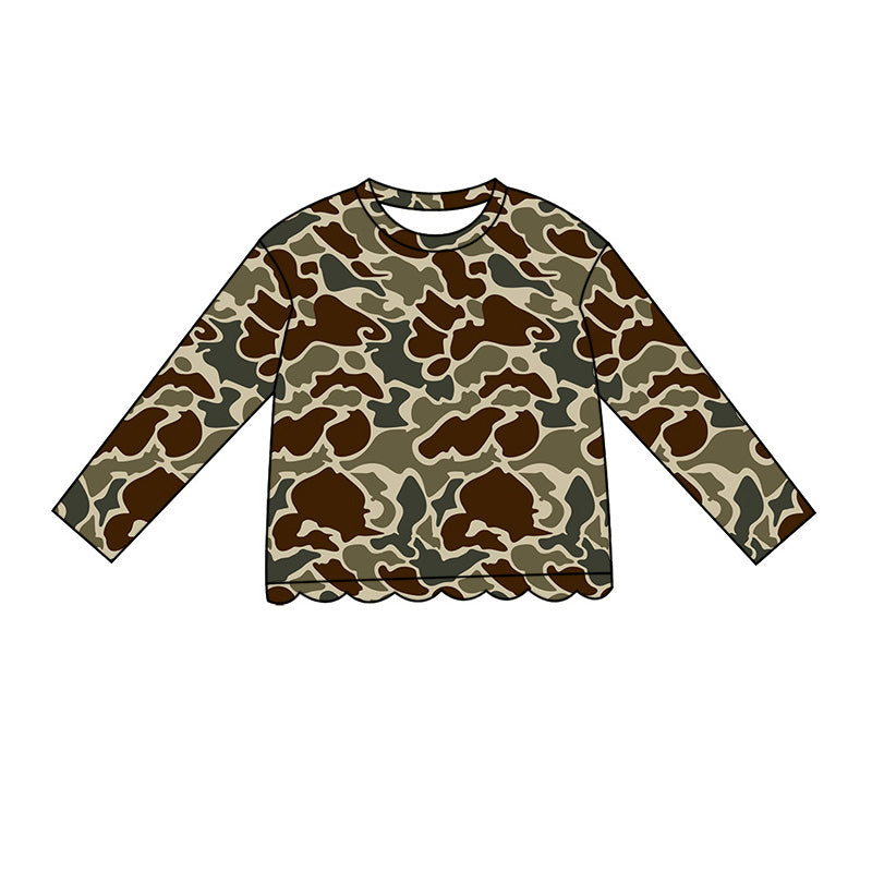 4.29 GT1684 Dark Brown Green Camo Baby Girls Scallop Long Sleeve T-Shirts Top