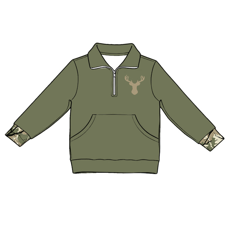 5.1 Kids Girls Hunting Deer Green Quarter-Zip Long Sleeve Pullover Top Preorder