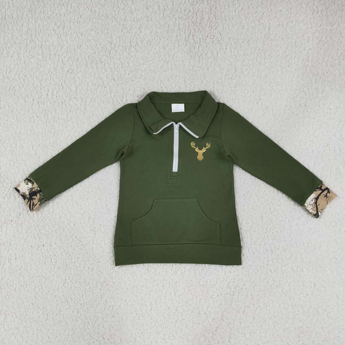 GT1694 Deer Embroidery Green Kids Long Sleeve Zipper Pocket Pullover Top