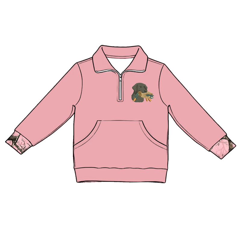 5.1 Kids Girls Hunting Dog Pink Quarter-Zip Long Sleeve Pullover Top Preorder