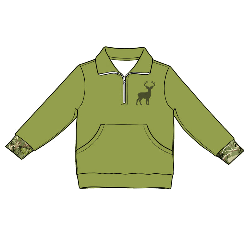 5.1 Kids Girls Deer Olive Quarter-Zip Long Sleeve Pullover Top Preorder