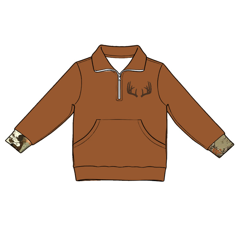 5.1 Kids Girls Brown Antler Quarter-Zip Long Sleeve Pullover Top Preorder