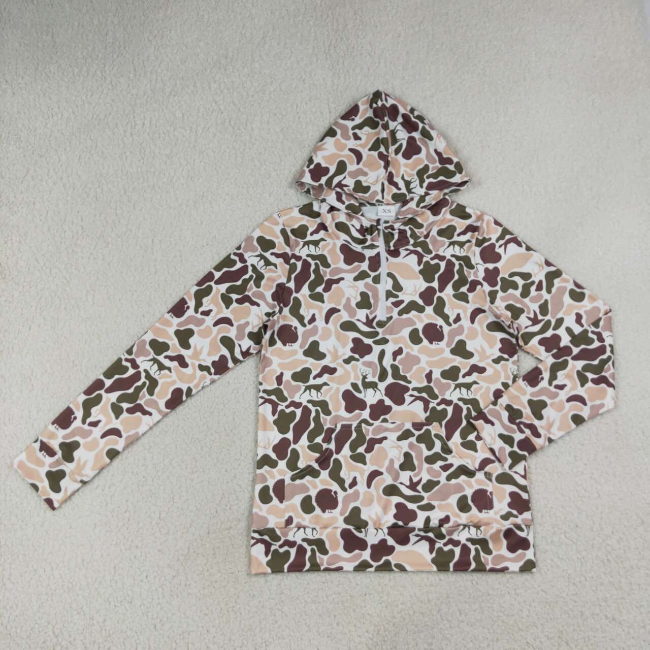 GT1711 Khaki Camo Adult Women Long Sleeve Pocket Zipper Hoodie Top