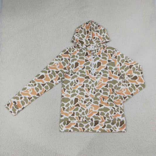 GT1712 Green Orange Camo Long Sleeve Pocket Adult Women Zipper Hoodie Top